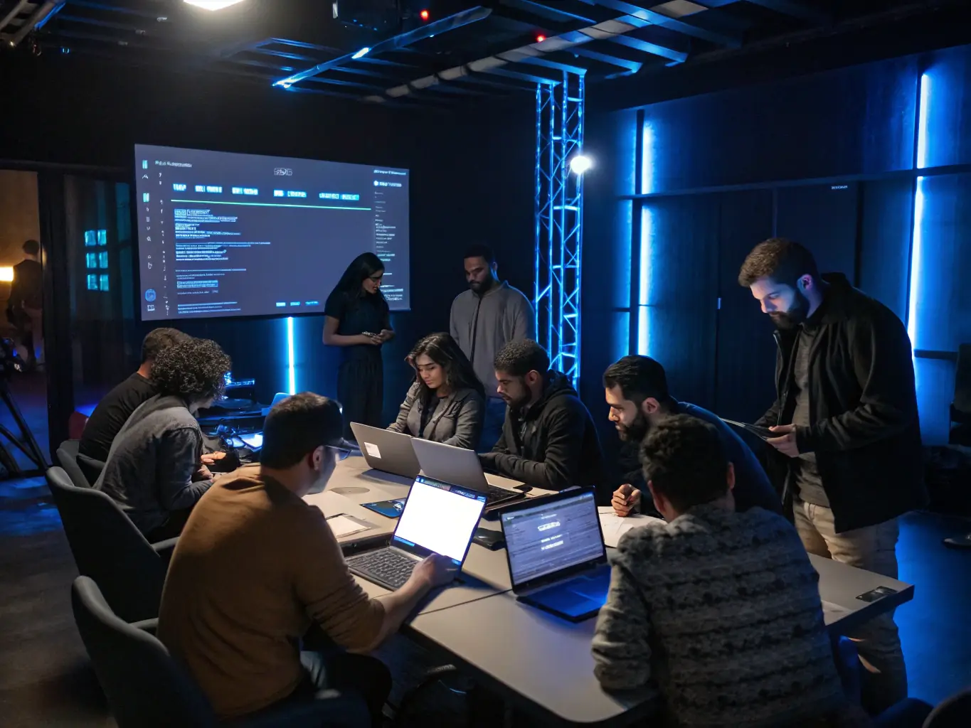 A vibrant image depicting a team of IT consultants collaborating on a digital transformation strategy, with various devices and data visualizations in the background, symbolizing FAHM IT's expertise in digitalization.